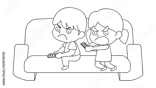 Angry Children Fighting Over Remote Control on Sofa