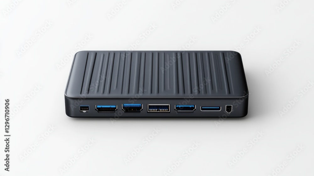 Modern Technology Hub with Multiple Input and Output Ports for Devices and Accessories in Sleek Minimalist Design Modern Technology Hub with Multiple Input and Output Ports for Devices and Accessories in Sleek Minimalist Design