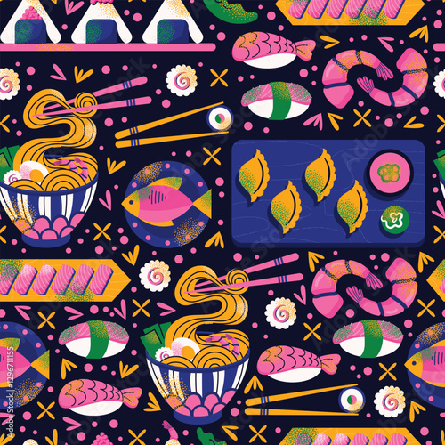 Japanese food seamless pattern with sushi, ramen, dumplings, shrimp, fish, and chopsticks on dark background. Vector illustration isolated. Asian cuisine and traditional Japanese dishes concept