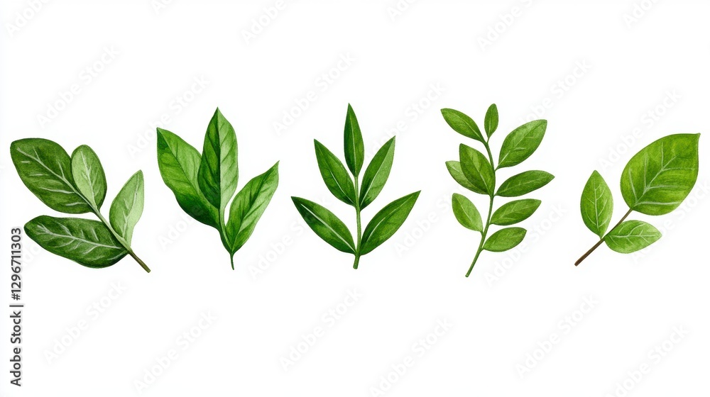 Five Green Leaves Watercolor Illustration on White Background Five Green Leaves Watercolor Illustration on White Background