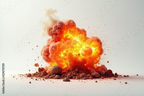 Devastating explosion of fire bomb on white surface, blast site, incendiary