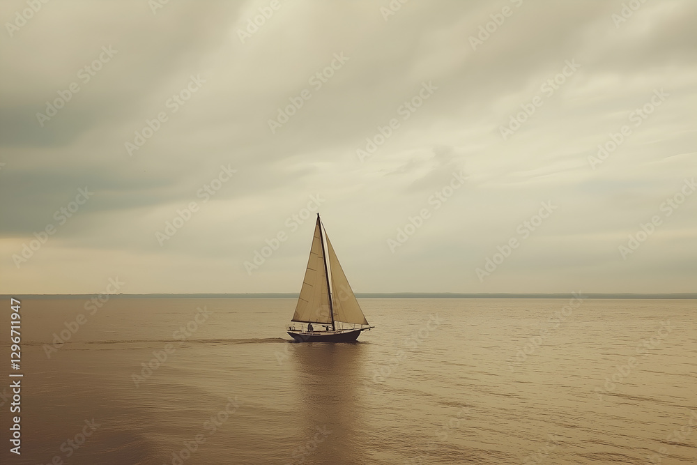 Obraz premium A lone sailboat sailing on a calm ocean at sunset.
