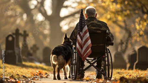 Silent Tribute: A disabled veteran, seated in a wheelchair and holding the American flag, accompanied by his loyal service dog, pays respects at a historic cemetery.
