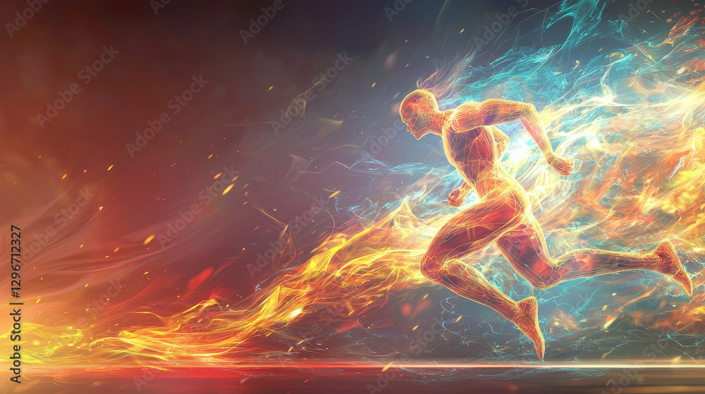 Naklejka premium dynamic and powerful 3D rendering of person running, surrounded by vibrant flames and energy. image conveys sense of speed and intensity, showcasing blend of colors and motion