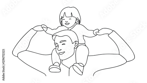 Happy Father and Daughter, Line Art, Child on Shoulders, Joyful, Family, Bonding, Love, Care, Simple