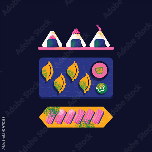 Japanese food set with sushi, ramen, dumplings, shrimp, fish, and chopsticks on dark background. Vector illustration isolated. Asian cuisine and traditional Japanese dishes concept