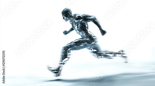dynamic and powerful 3D rendering of metallic humanoid figure running swiftly, showcasing motion and energy in futuristic style