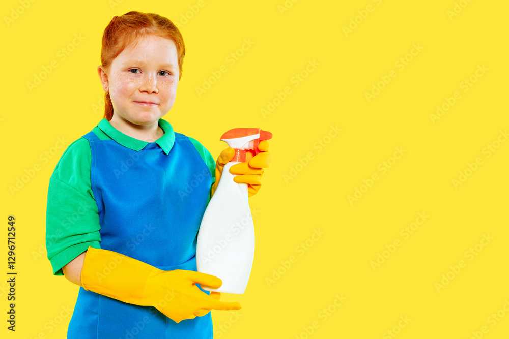 Child in bright attire with yellow gloves holding a cleaning spray bottle against a vivid yellow background during a cleaning activity Child in bright attire with yellow gloves holding a cleaning spray bottle against a vivid yellow background during a cleaning activity