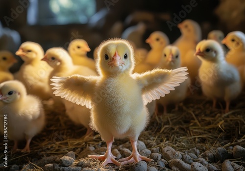 Wallpaper Mural Adorable Yellow Chick Spreading Wings in a Cozy Farm Setting Surrounded by Fellow Chicks Under Soft Natural Light Torontodigital.ca