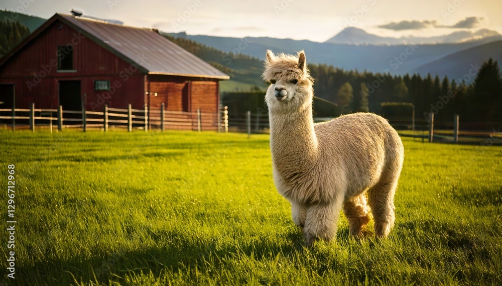 Obraz premium Cute Alpaca in Scenic Farm Landscape at Golden Hour