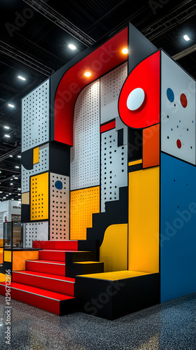 Colorful and vibrant exhibition stand with bold geometric shapes and stairs