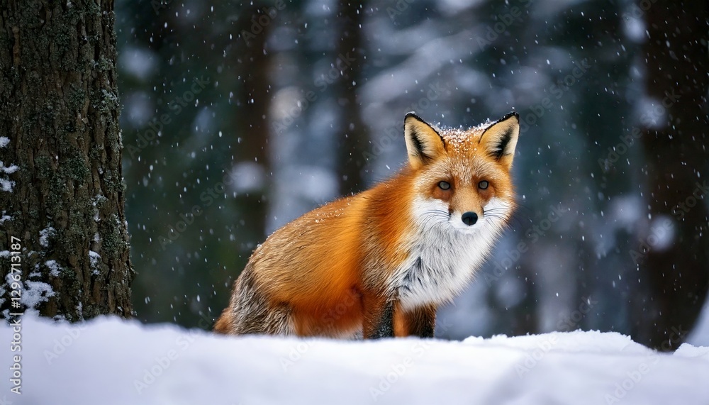 Naklejka premium Fox in Snowy Forest During Winter Season