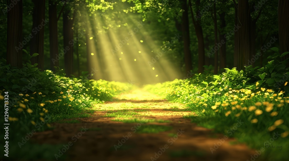 Fototapeta premium Sunlight Filtering Through Trees Over a Serene Pathway in a Lush Forest Environment