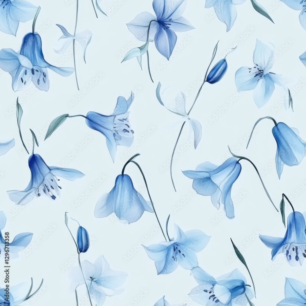 Delicate Bluebell Flower Pattern Repeated for Floral Background with Soft Pastel Color Palette Delicate Bluebell Flower Pattern Repeated for Floral Background with Soft Pastel Color Palette