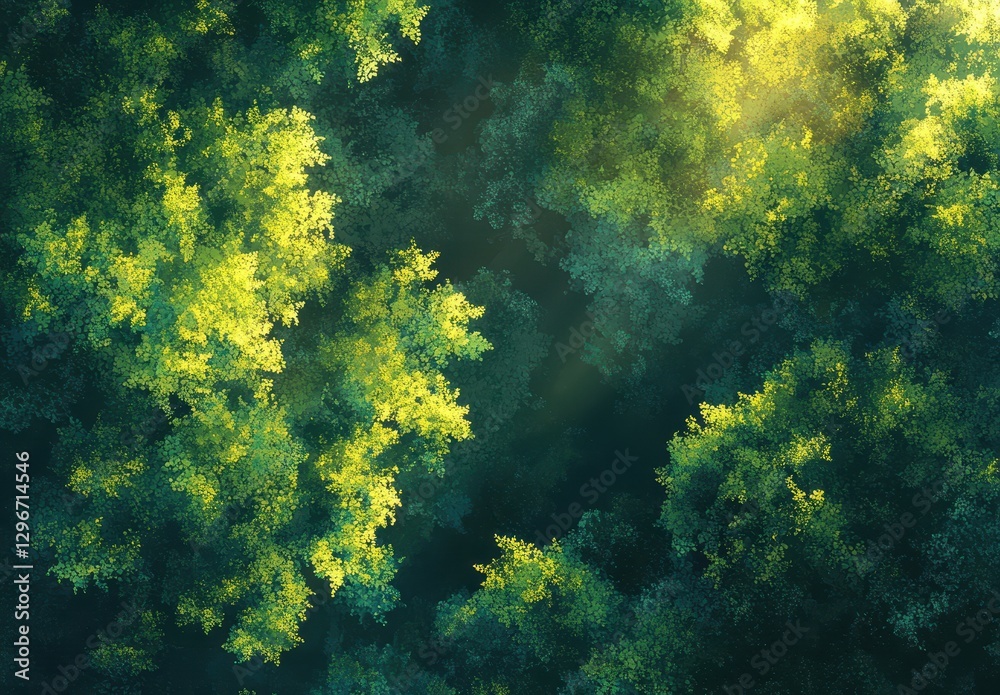 Aerial View of Lush Green Forest Canopy with Sunlight Filtering Through Trees in Early Morning Light, Nature Serenity and Tranquility Vision Aerial View of Lush Green Forest Canopy with Sunlight Filtering Through Trees in Early Morning Light, Nature Serenity and Tranquility Vision