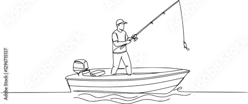 Continuous one line drawing of Man fishing on a boat
