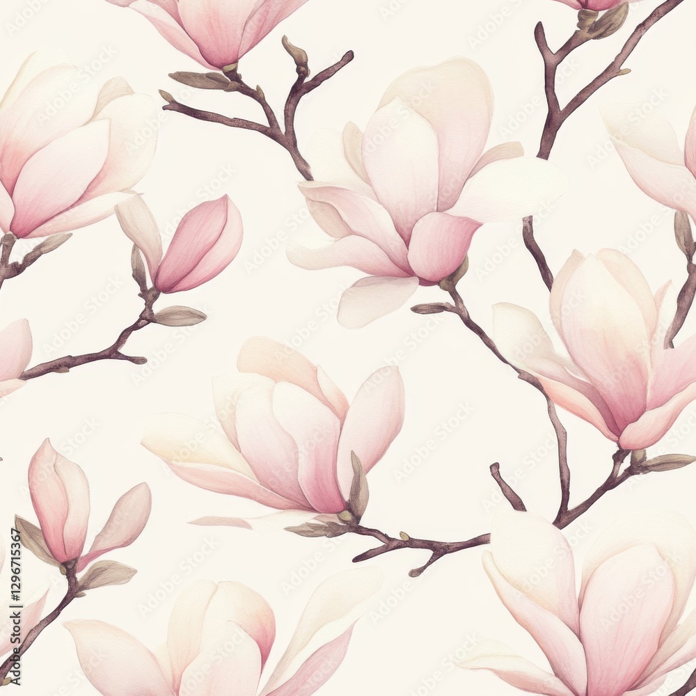 Obraz premium Elegant Magnolia Flower Pattern in Pastel Watercolor for Spring Decor and Botanical Textile Design