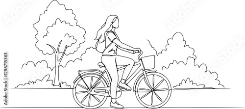 Single continuous line drawing of Woman resting sitting on her bicycle in the park. Dynamic single line draw design graphic vector illustration.
