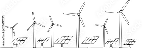 Single continuous line drawing of Renewable energy windmills and solar panels. Energy industrial Modern single line draw design vector graphic illustration
