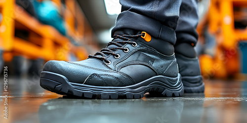 close up of durable safety boots worn by worker in industrial setting