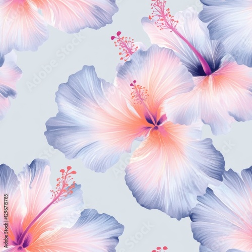Ethereal Hibiscus Blossom Pattern Pastel Hues Gentle Gradient Floral Design Wallpaper Textile Art