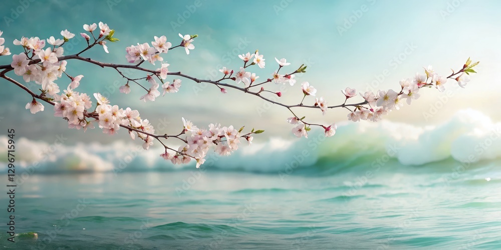 Fototapeta premium Delicate cherry blossom branches intertwined with gentle ocean waves on a subtle gradient background, creating a serene and peaceful atmosphere , minimalist, nature