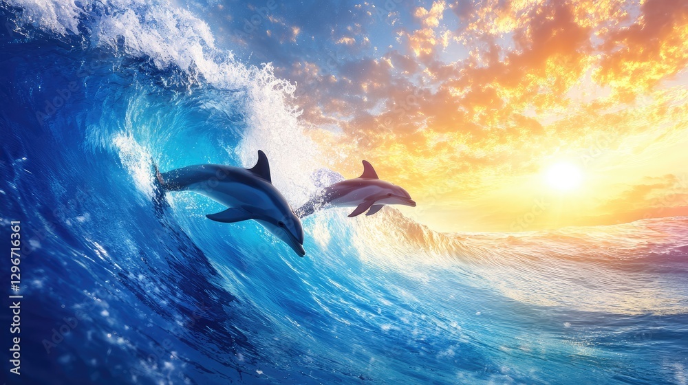 Fototapeta premium Three dolphins gracefully surfing a crystal-clear blue wave at sunrise