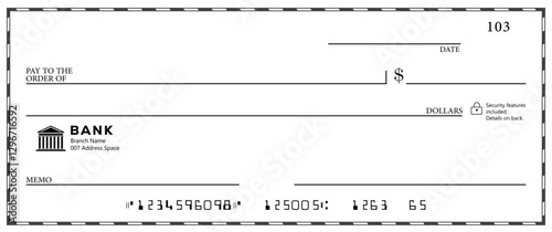 Bank check, vector blank money cheque, checkbook template with guilloche pattern and fields. Currency payment coupon, money check background