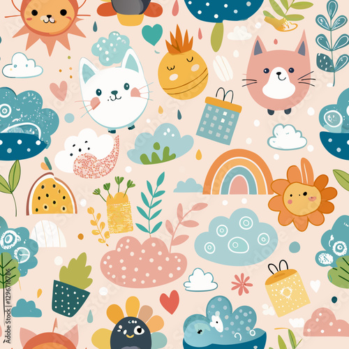 Whimsical World: A delightful pattern of charming cartoon characters and cheerful elements in a vibrant and inviting design.