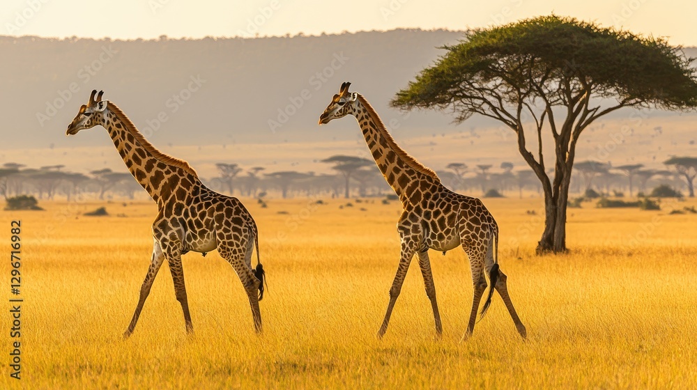 Obraz premium Two giraffes in the distance walking across a sunlit grassland with soft shadows