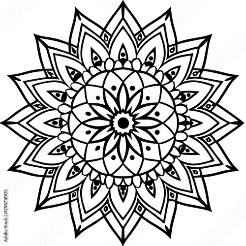 Harmonious Mandala: A symmetrical and intricate mandala design, presented in a clean, minimalist black and white palette, evoking a sense of balance and spiritual reflection.