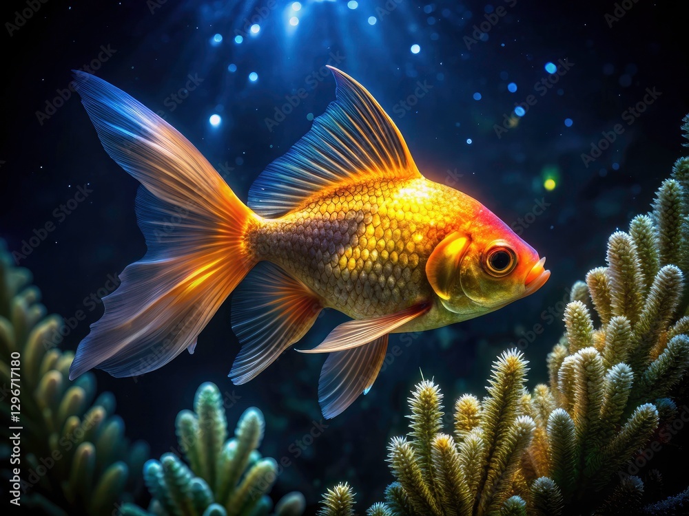 Fototapeta premium Night Photography Golden Fish, Underwater Scene, Dark Aquatic Life, Glowing Fish, Mystical Fish, Night Ocean, Bioluminescent Fish, Deep Sea, Golden Scales, Dark Background
