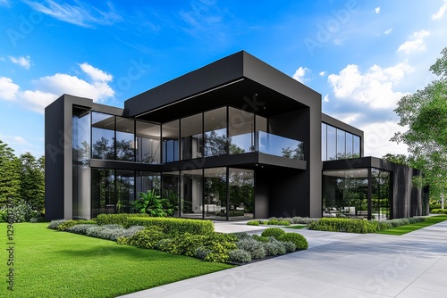 A modern black house with large glass windows surrounded by greenery, featuring a sleek design and contemporary architecture.
