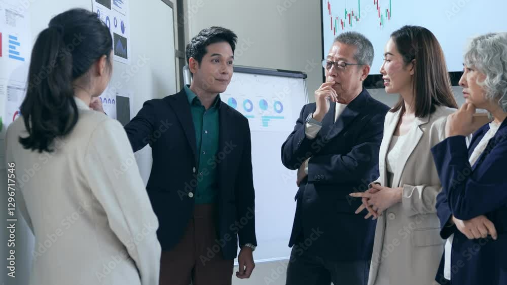 Business professionals reviewing financial data, discussing strategy, collaborating intently around conference table in modern office workspace Business professionals reviewing financial data, discussing strategy, collaborating intently around conference table in modern office workspace
