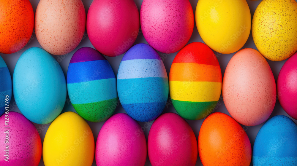 A vibrant arrangement of colorful Easter eggs in various shades, showcasing patterns and textures, perfect for festive decoration. A vibrant arrangement of colorful Easter eggs in various shades, showcasing patterns and textures, perfect for festive decoration.