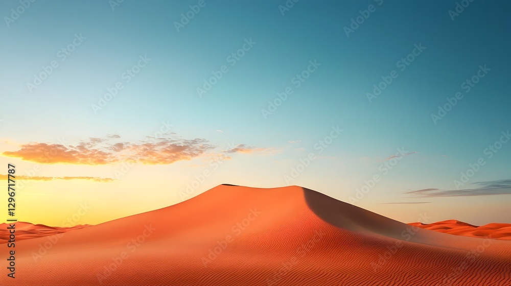 Sweeping desert dunes with gentle curves and slopes bathed in the warm glow of a setting sun The horizon presents a serene and peaceful scene with a clear empty sky overhead Sweeping desert dunes with gentle curves and slopes bathed in the warm glow of a setting sun The horizon presents a serene and peaceful scene with a clear empty sky overhead