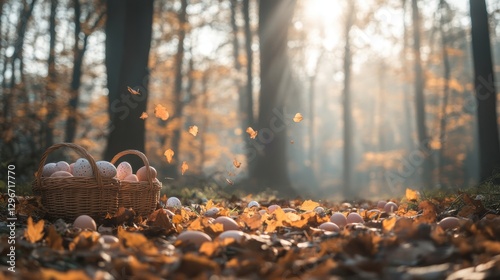 A misty autumn morning Easter egg hunt in a forest with falling