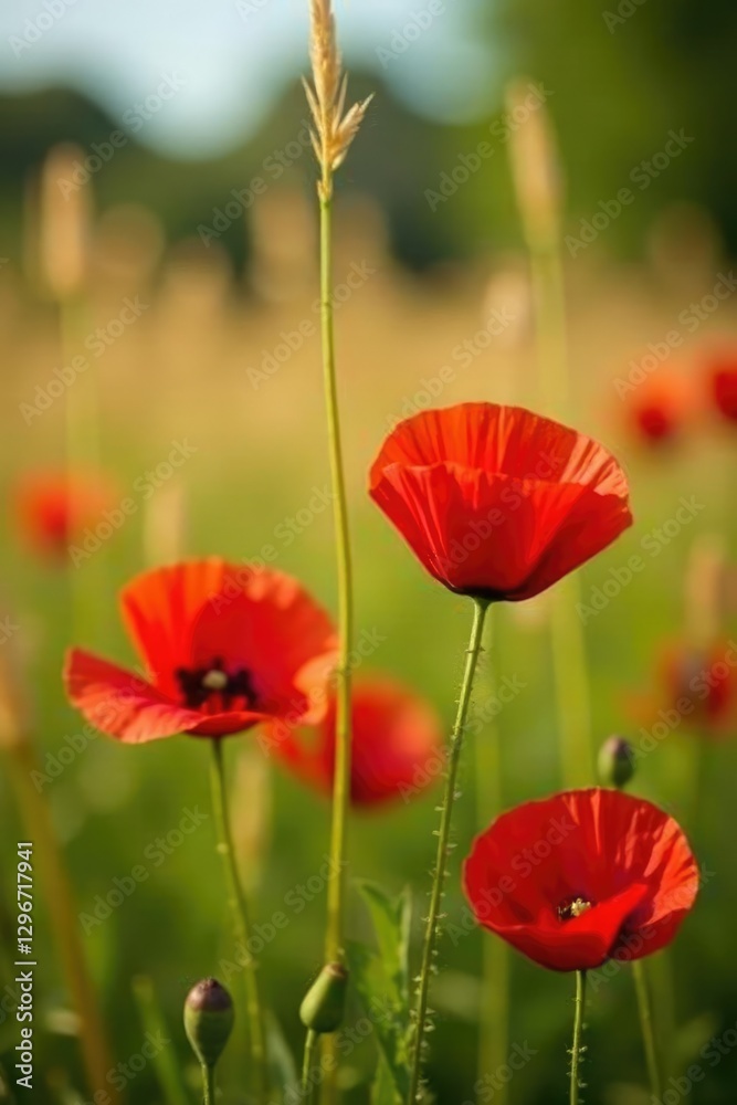 Fototapeta premium Red poppies in a field of tall grasses and long, golden leaves, countryside, red poppies