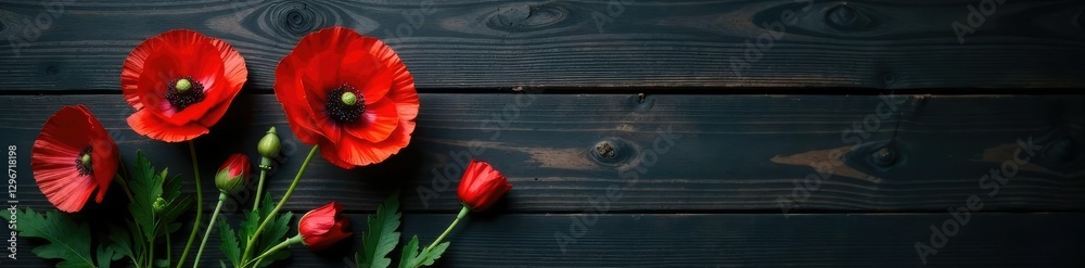 Obraz premium Red poppy in centre against dark rough wood texture, dark wood, rustic background, nature
