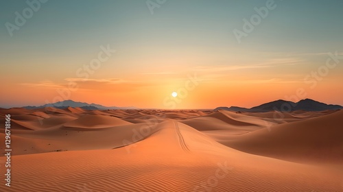 Sweeping desert dunes curve gracefully on both sides bathed in the warm glow of a breathtaking sunset  The horizon stretches out in a seamless tranquil sky creating a captivating minimalist landscape photo