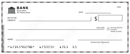 Bank check, vector blank money cheque, checkbook template with guilloche pattern and fields. Currency payment coupon, money check background