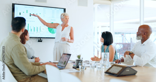 Photos Presentation, finance meeting and business people or team with graph on screen for SEO, kpi and benchmarking results or report together