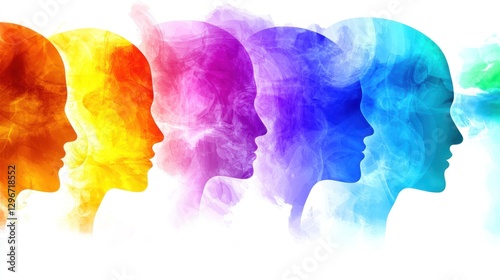 Colorful human heads silhouettes, abstract concept, various emotions, background is white