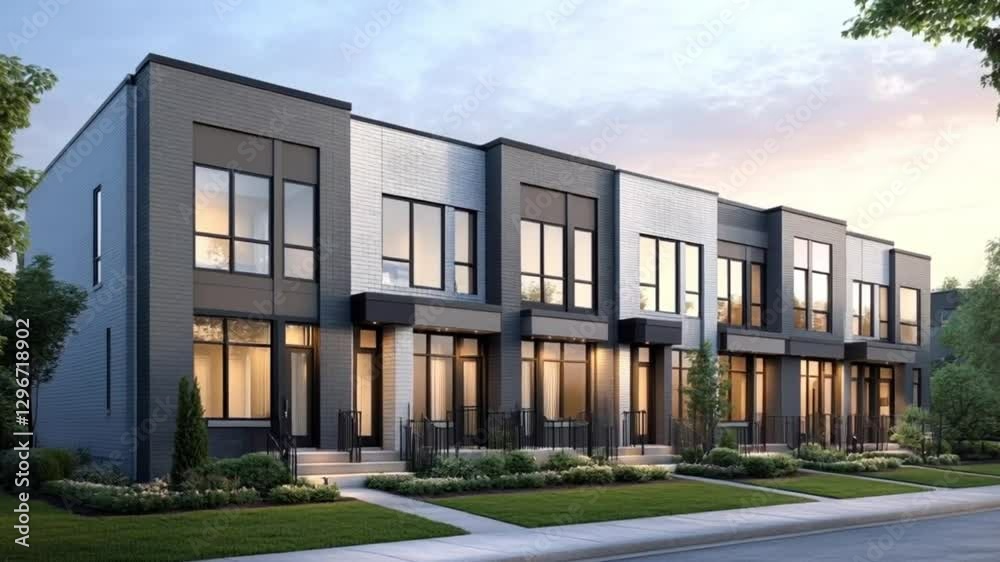 Contemporary Row Houses: A series of sleek, modern row houses with clean lines and large windows showcase a sophisticated aesthetic, perfect for urban living. Contemporary Row Houses: A series of sleek, modern row houses with clean lines and large windows showcase a sophisticated aesthetic, perfect for urban living.