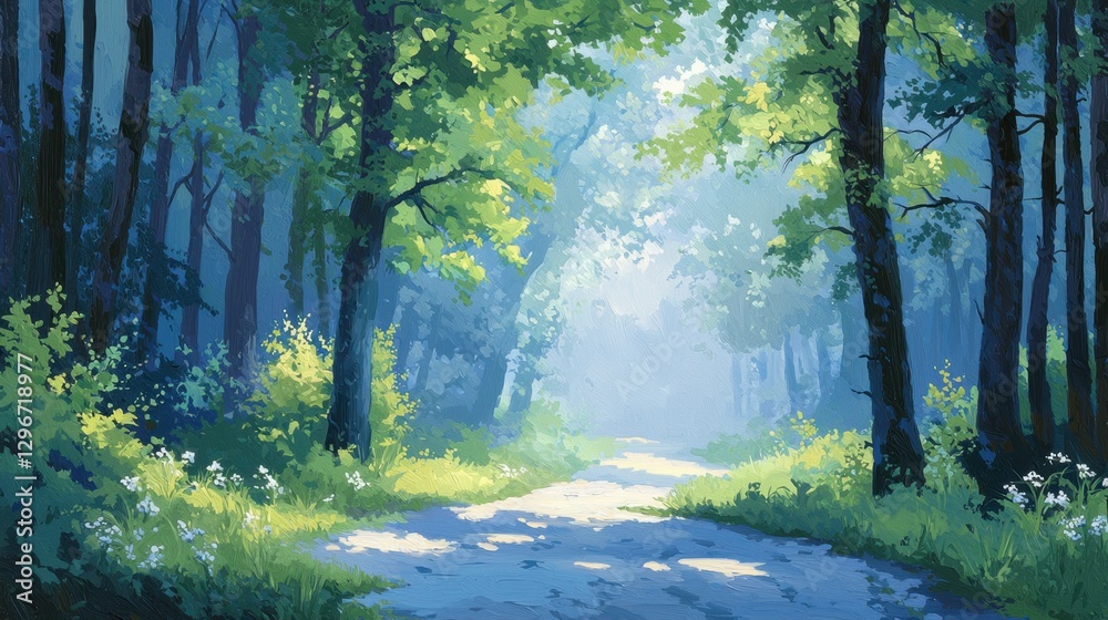 Obraz premium Serene Forest Pathway with Sunlight Filtering Through Lush Green Foliage and Soft Misty Background in Tranquil Nature Scene