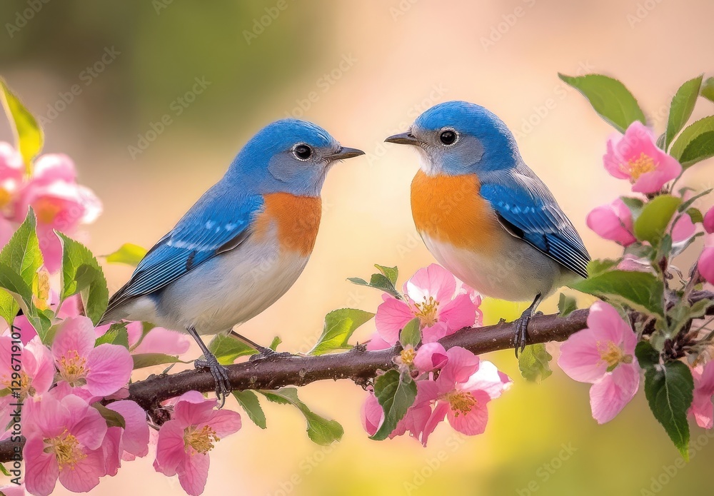 Beautiful blue birds perched on a branch adorned with delicate pink flowers in a serene nature setting during spring, capturing a moment of companionship Beautiful blue birds perched on a branch adorned with delicate pink flowers in a serene nature setting during spring, capturing a moment of companionship