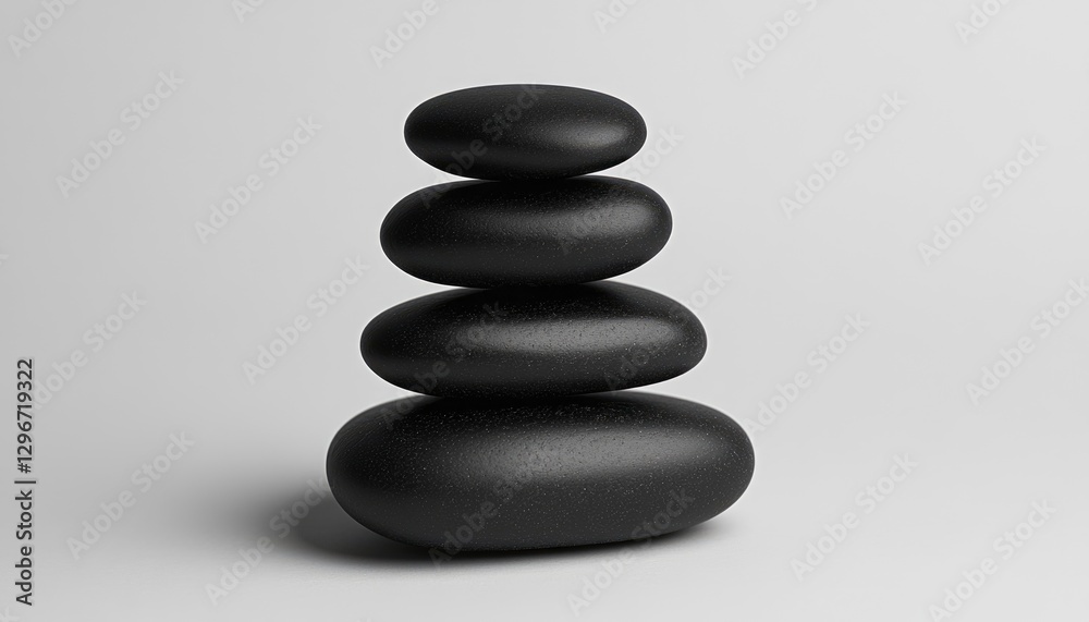 Three black glossy pebbles stacked on top of each other, against a solid background, in a minimalistic style Three black glossy pebbles stacked on top of each other, against a solid background, in a minimalistic style