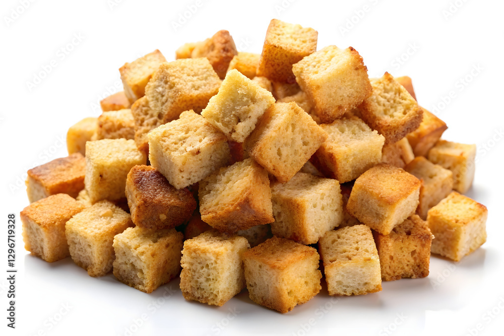 Close-up of a pile of crispy, golden-brown bread croutons. Close-up of a pile of crispy, golden-brown bread croutons.