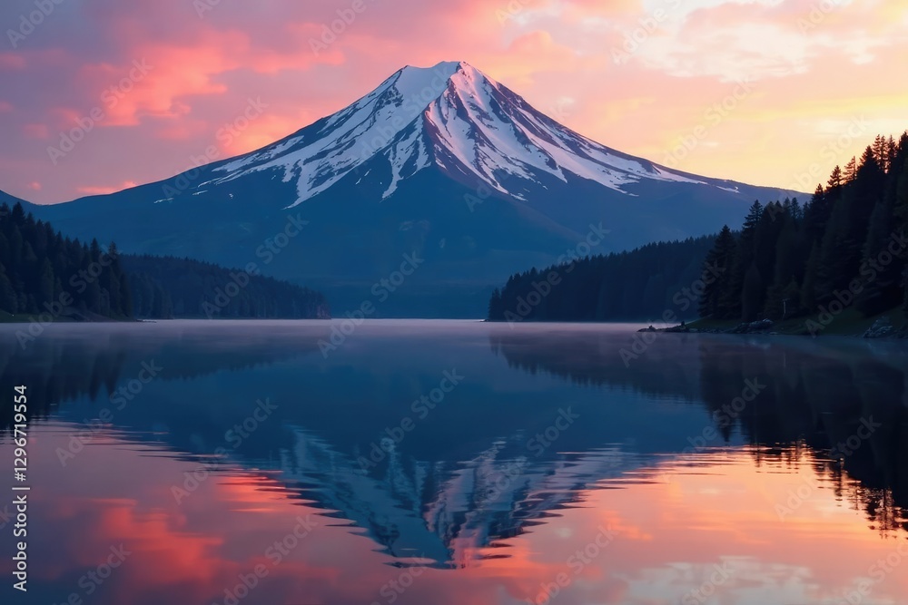 Reflection of a snow-capped mountain on a serene lake during sunrise, white stripe, forest, lake Reflection of a snow-capped mountain on a serene lake during sunrise, white stripe, forest, lake