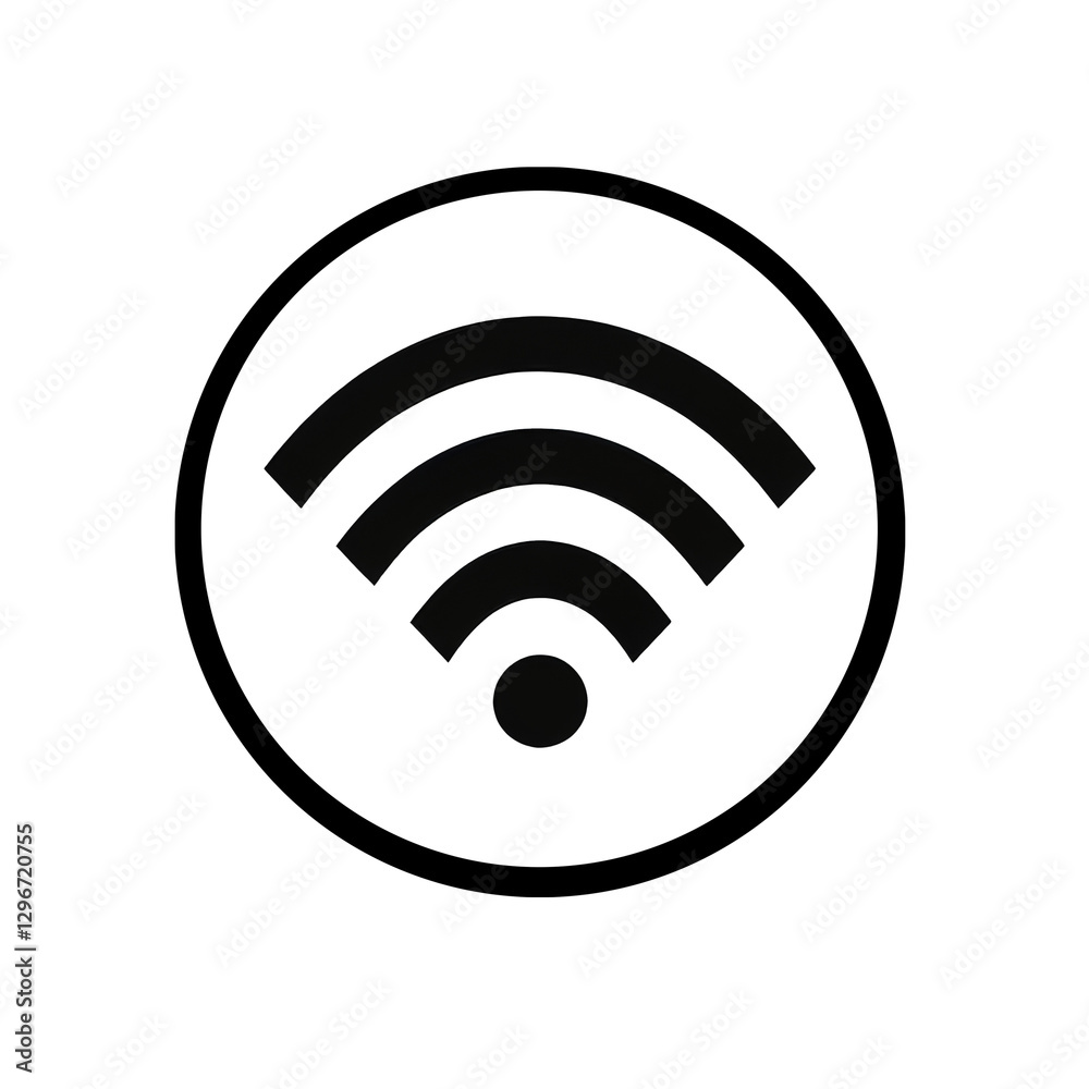 black and white Wi Fi symbol icon, representing wireless internet connectivity, is shown circular design. icon features three curved lines radiating from central point, symbolizing signal strength